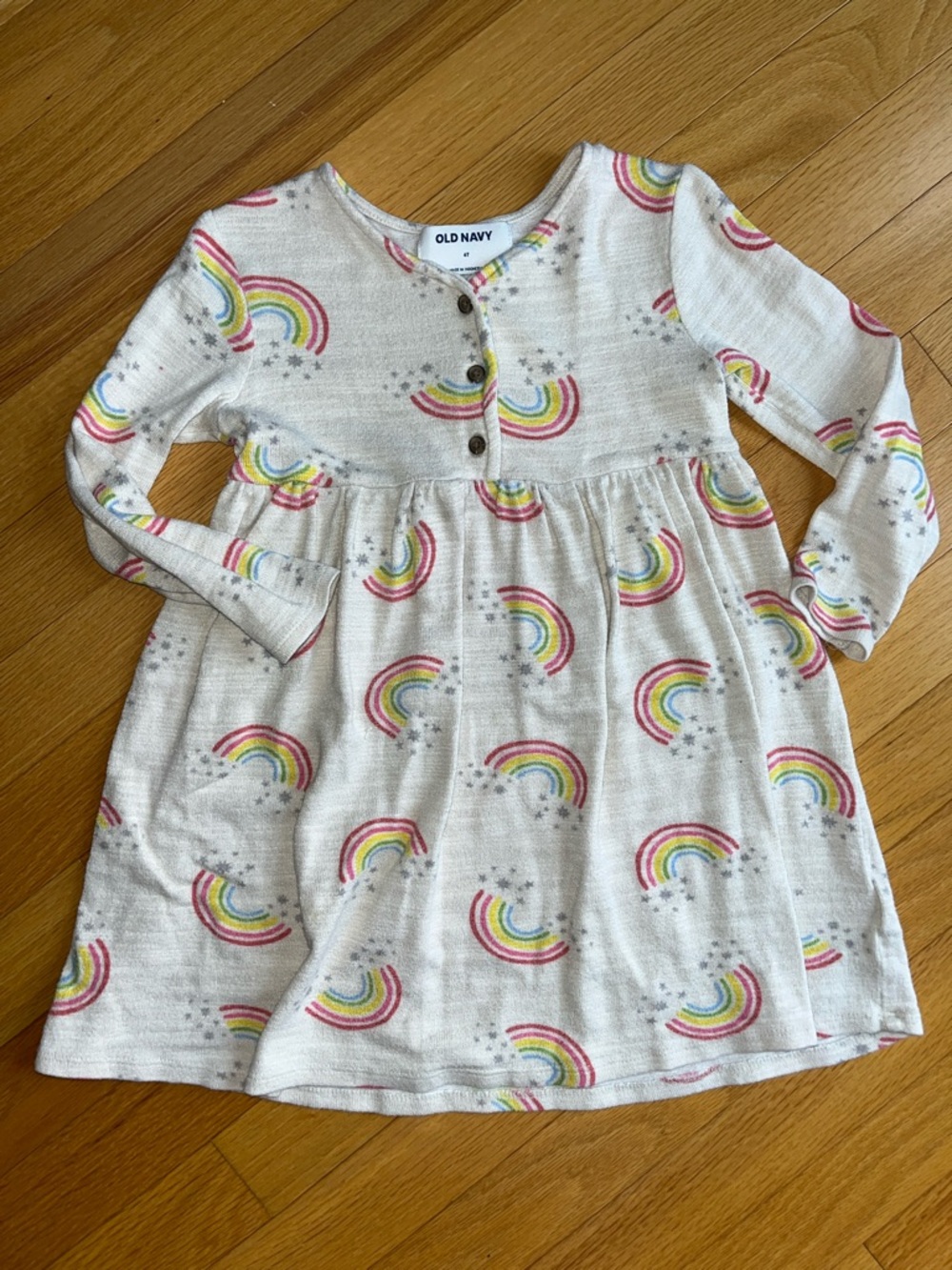 🍀6/$20 Old Navy Cream Rainbow & Stars Long Sleeve Henley Dress